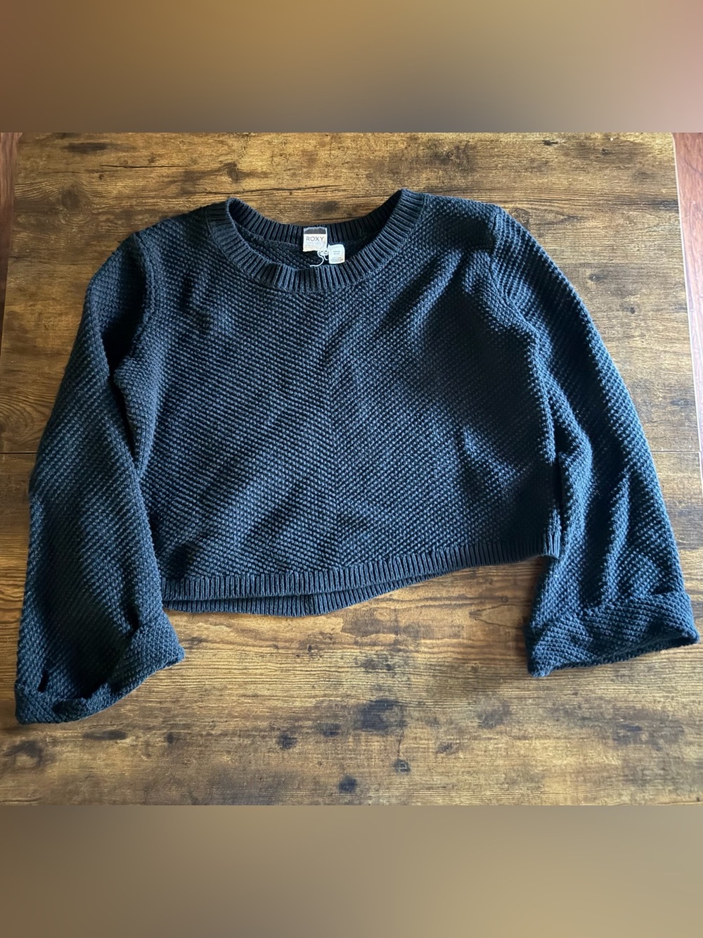 Roxy Black Cropped Crewneck Knit Sweater